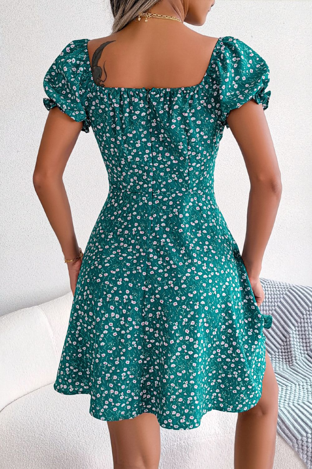 Ditsy Floral Drawstring A - Line Dress - Dress - Green - Bella Bourget