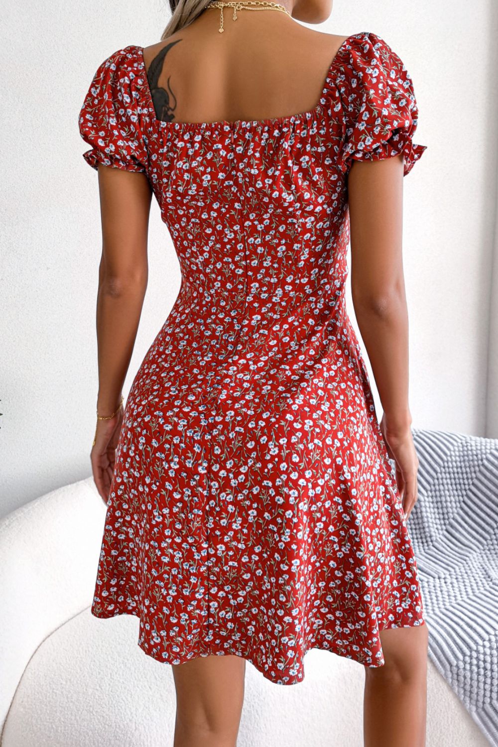 Ditsy Floral Drawstring A - Line Dress - Dress - Red - Bella Bourget