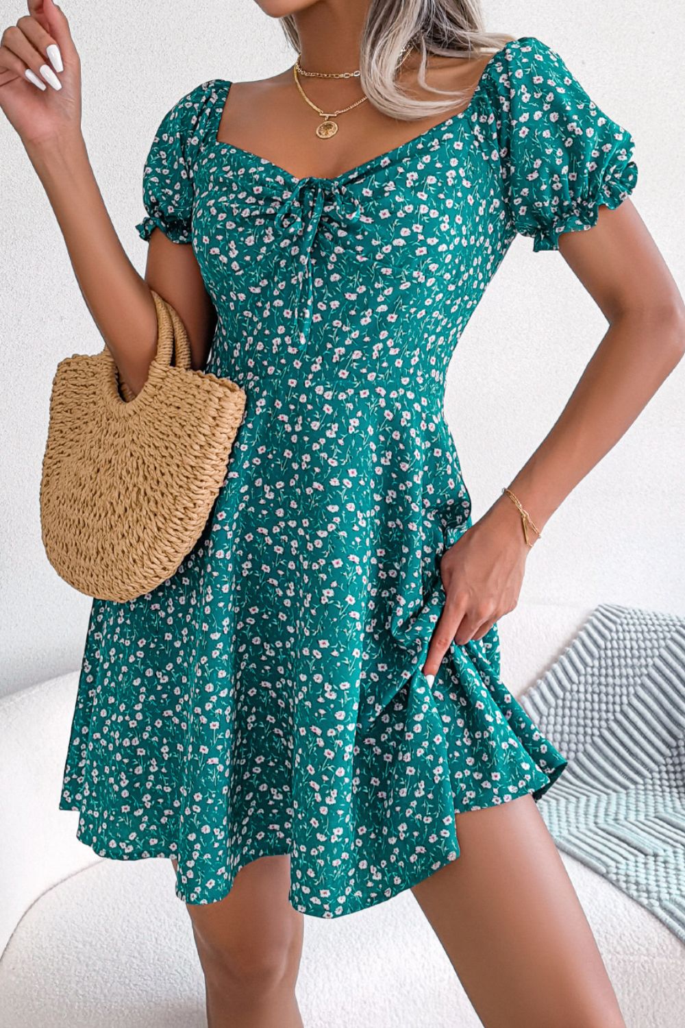 Ditsy Floral Drawstring A - Line Dress - Dress - Green - Bella Bourget