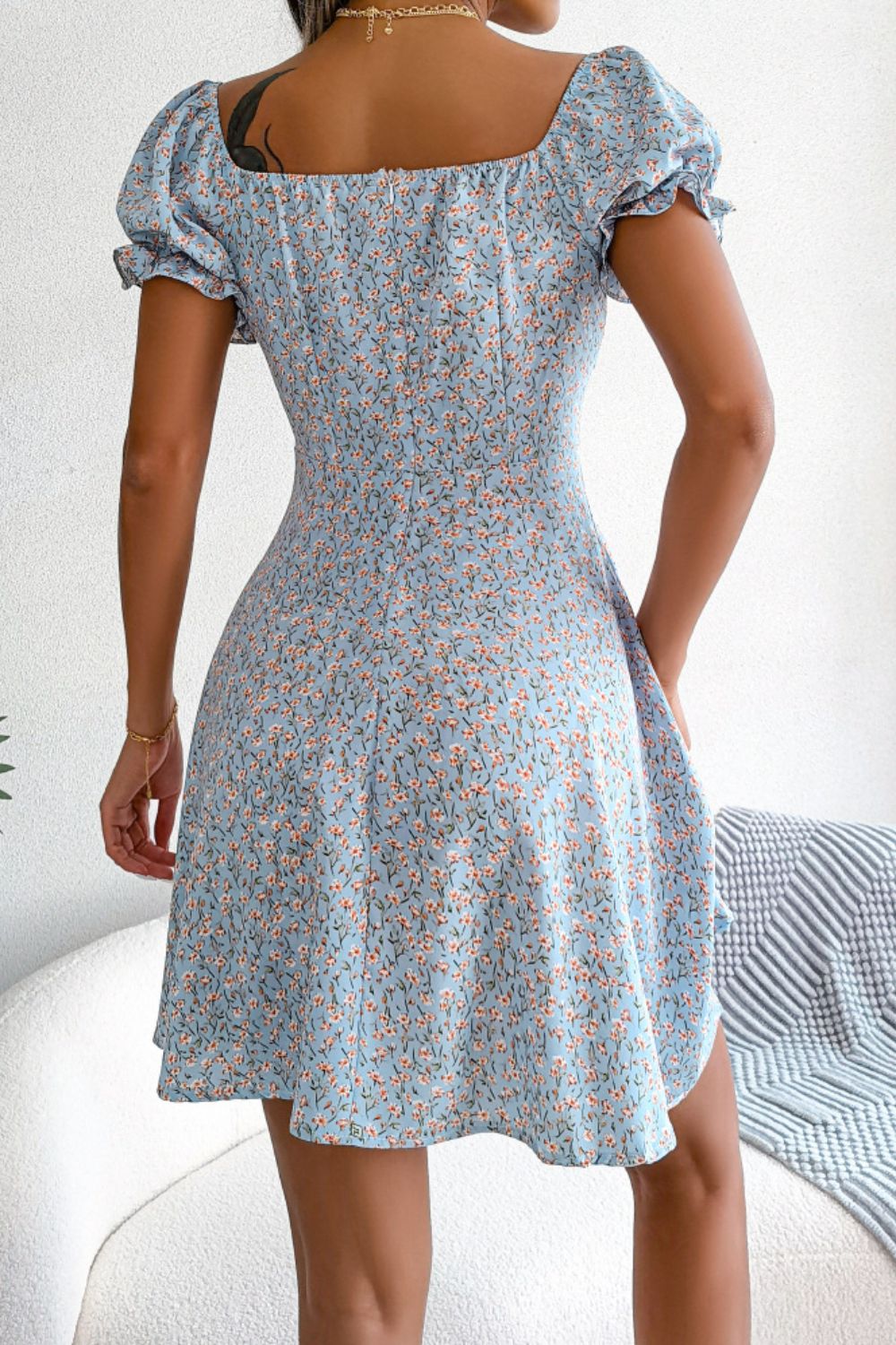 Ditsy Floral Drawstring A - Line Dress - Dress - Sky Blue - Bella Bourget