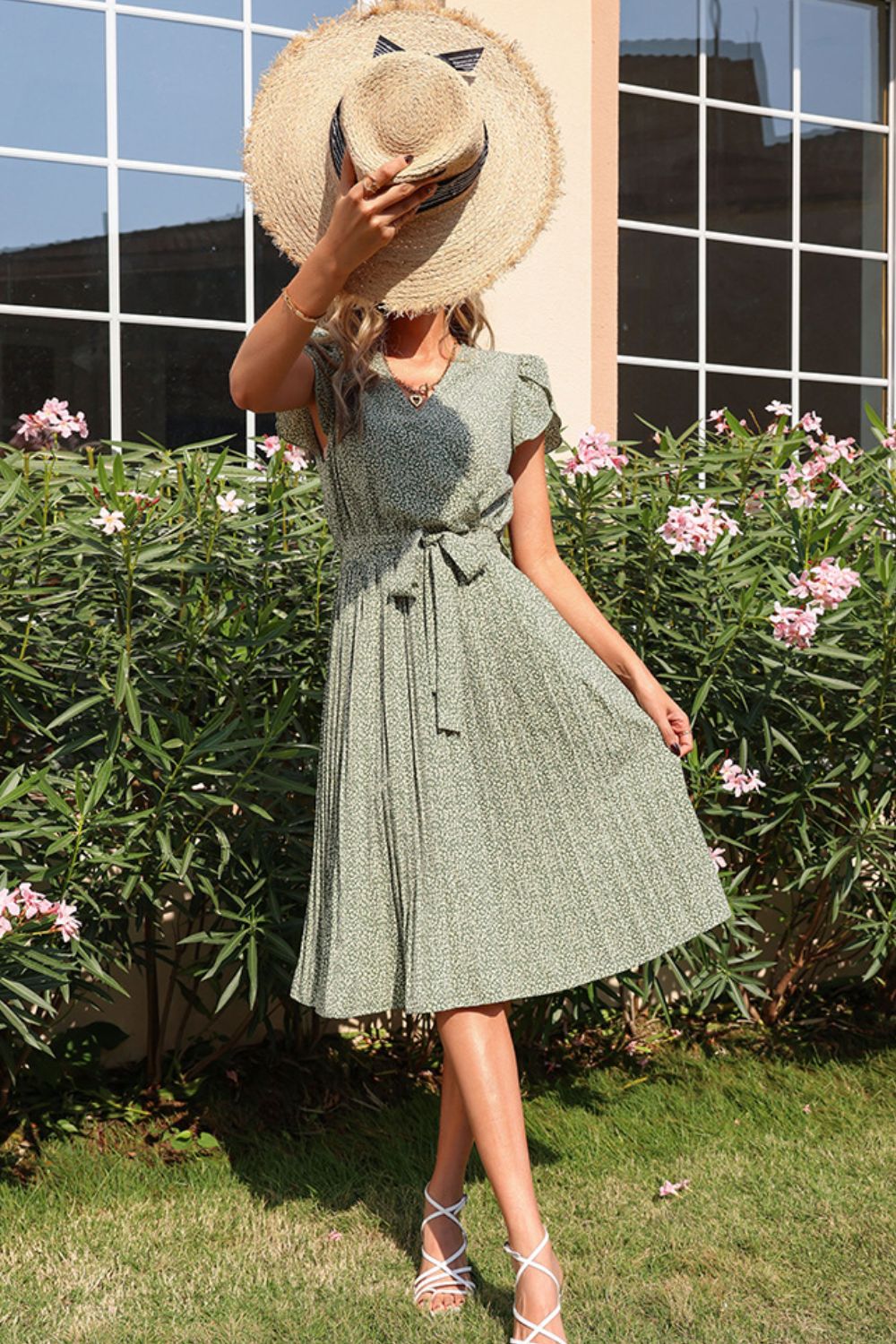 Ditsy Floral Tie - Waist Pleated Dress - Dress - Sage - Bella Bourget