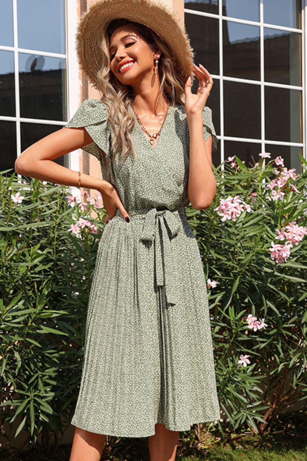 Ditsy Floral Tie - Waist Pleated Dress - Dress - Sage - Bella Bourget