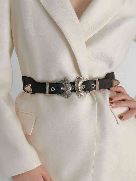 Double Buckle Faux Leather Belt - belt - Silver/Elasticated - Bella Bourget