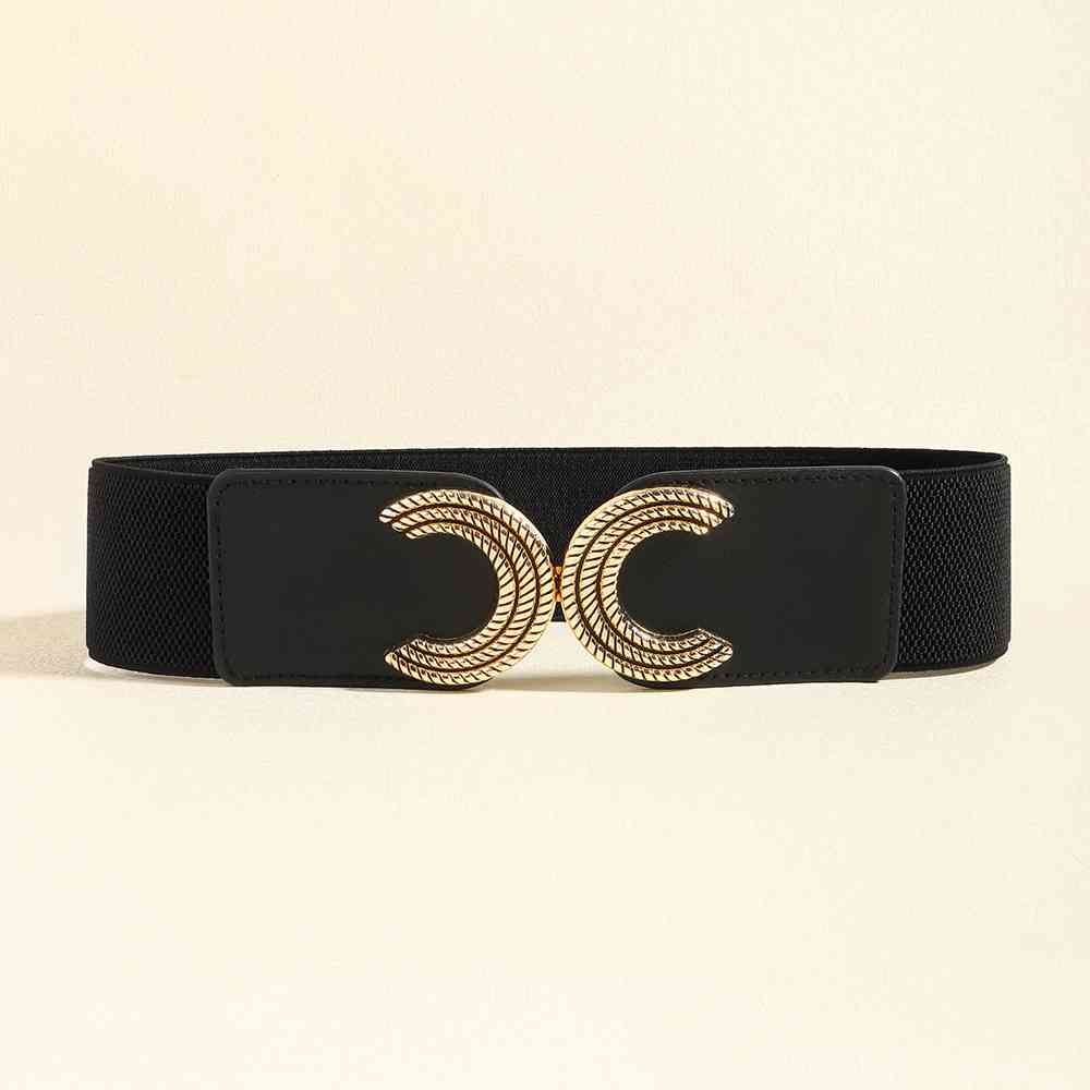 Double C Buckle Wide Elastic Belt - belt - Black - Bella Bourget