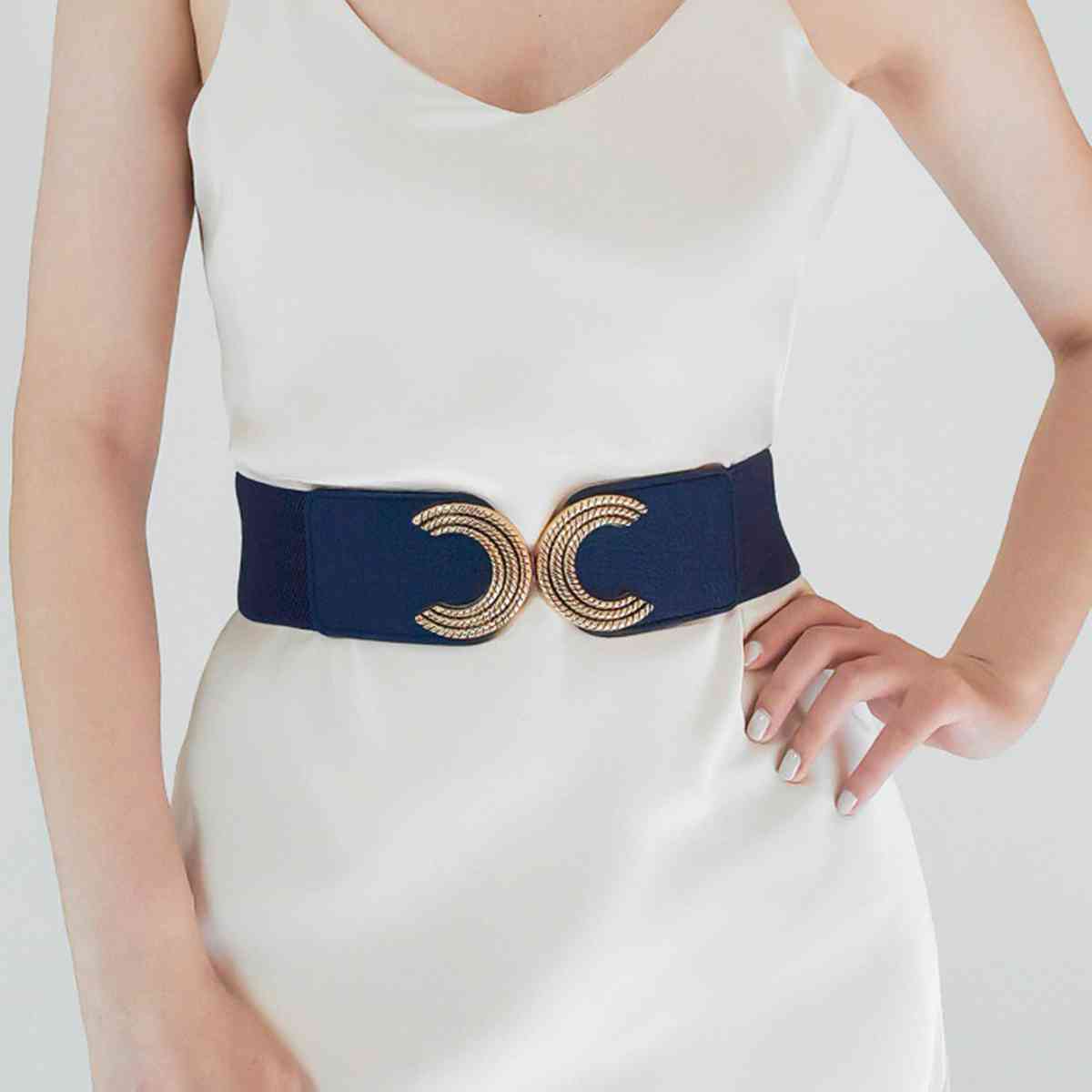 Double C Buckle Wide Elastic Belt - belt - Navy - Bella Bourget