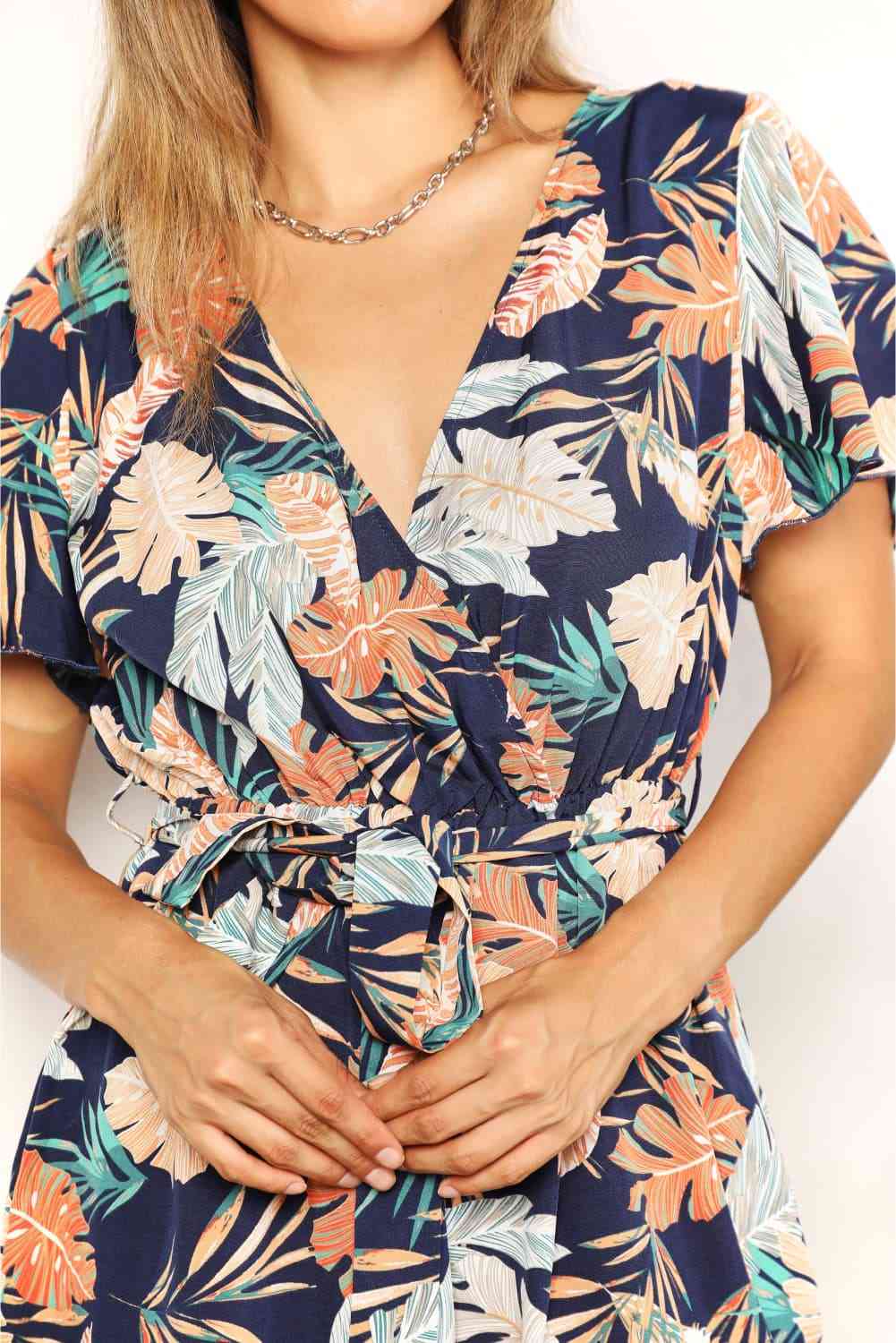 Double Take Botanical Print Surplice Neck Tie Waist Romper - Romper - Multicolor - Bella Bourget