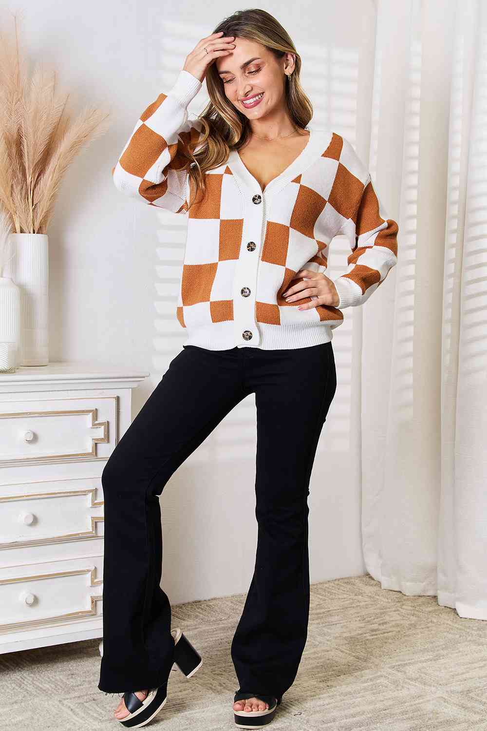 Double Take Button - Up V - Neck Dropped Shoulder Cardigan - Cardigan - Camel - Bella Bourget