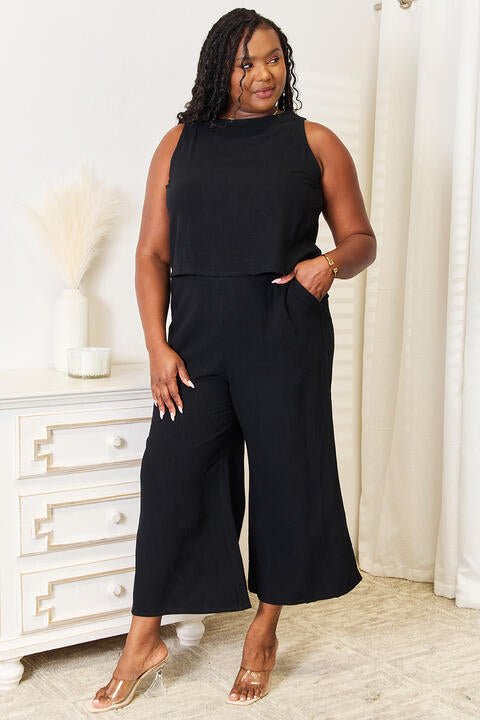 Double Take Buttoned Round Neck Tank and Wide Leg Pants Set - Two - Piece Set - Black - Bella Bourget