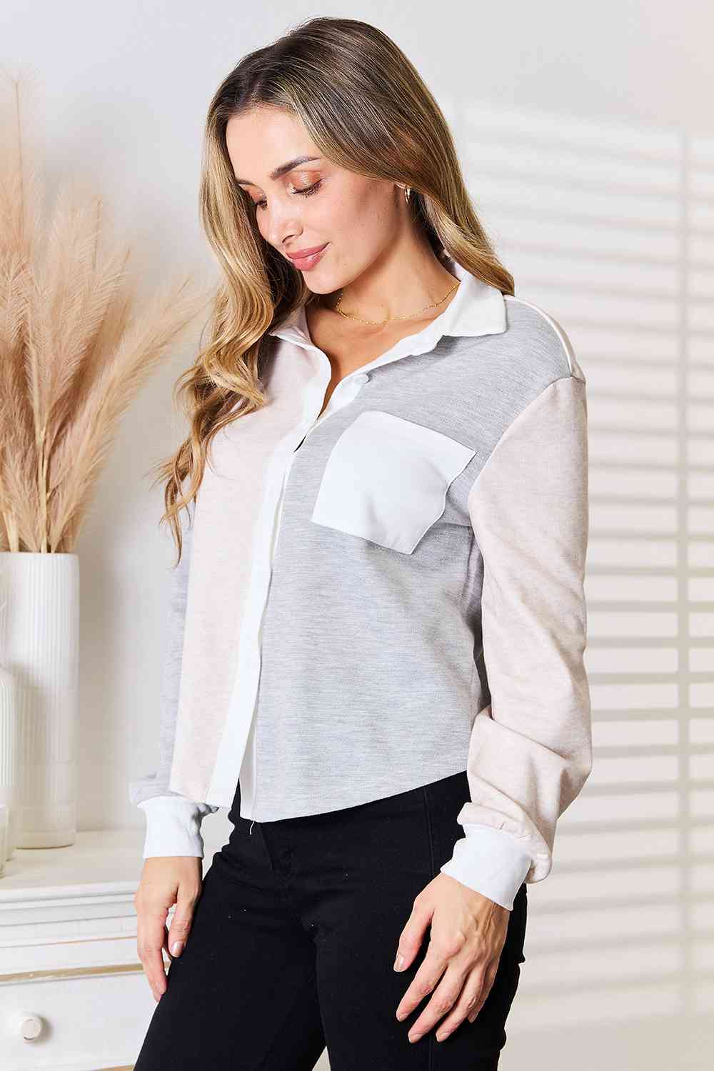 Double Take Color Block Curved Hem Shirt - Shirt - Light Gray - Bella Bourget