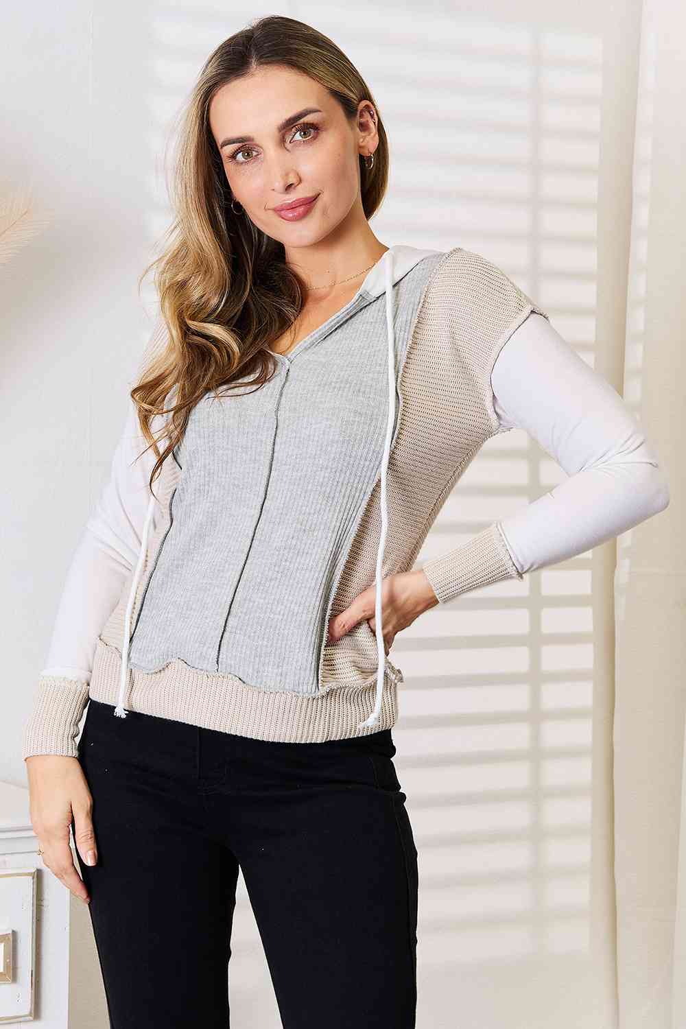 Double Take Color Block Exposed Seam Drawstring Hoodie - Hoodie - Light Gray - Bella Bourget