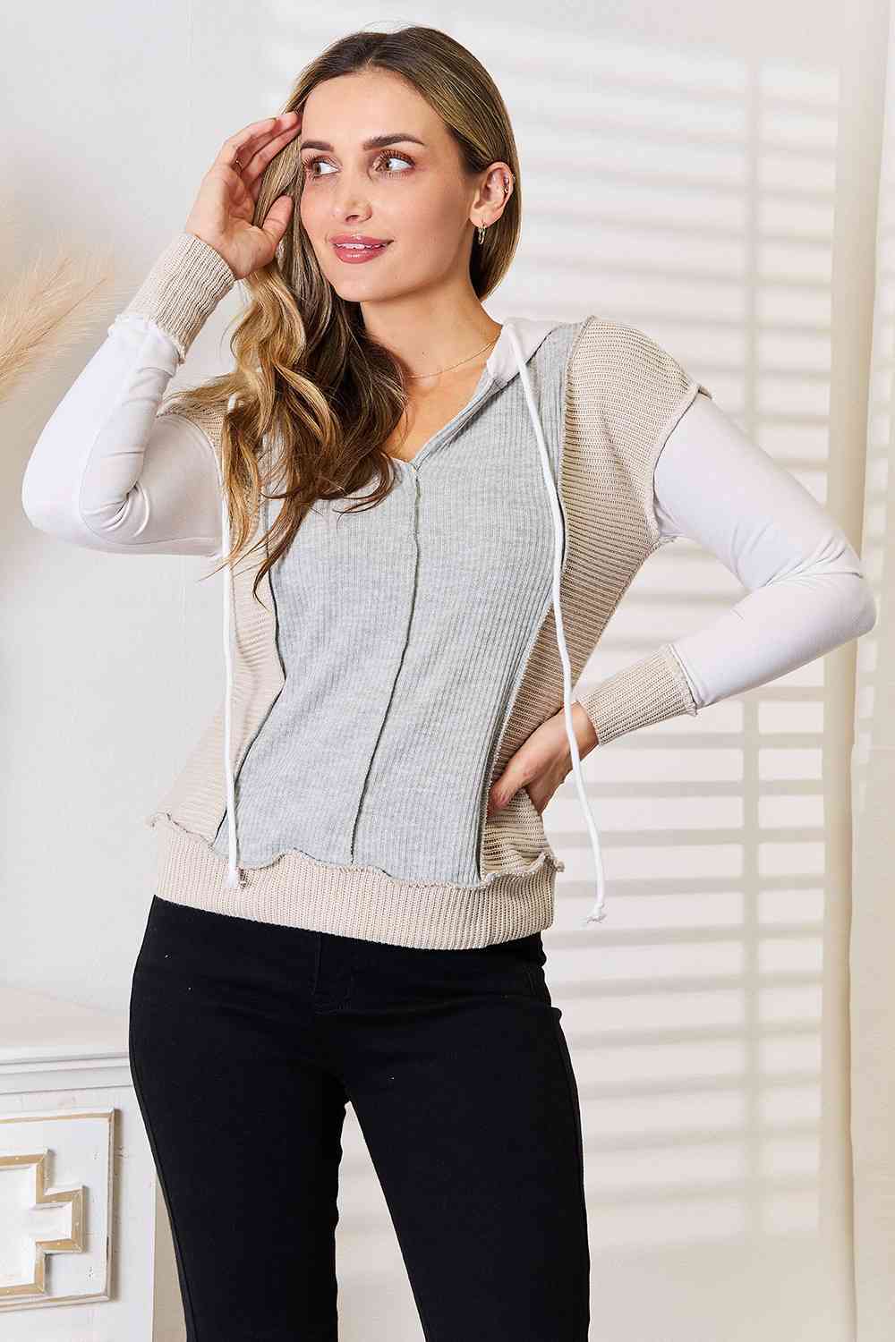 Double Take Color Block Exposed Seam Drawstring Hoodie - Hoodie - Light Gray - Bella Bourget