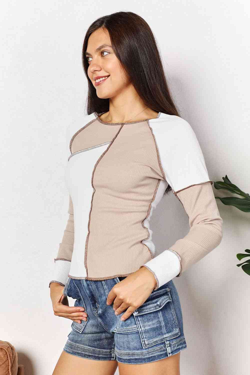 Double Take Color Block Exposed Seam Top - Blouse - Khaki - Bella Bourget