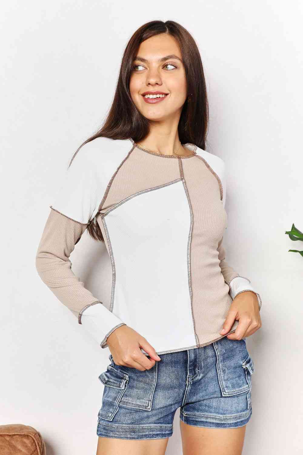 Double Take Color Block Exposed Seam Top - Blouse - Khaki - Bella Bourget
