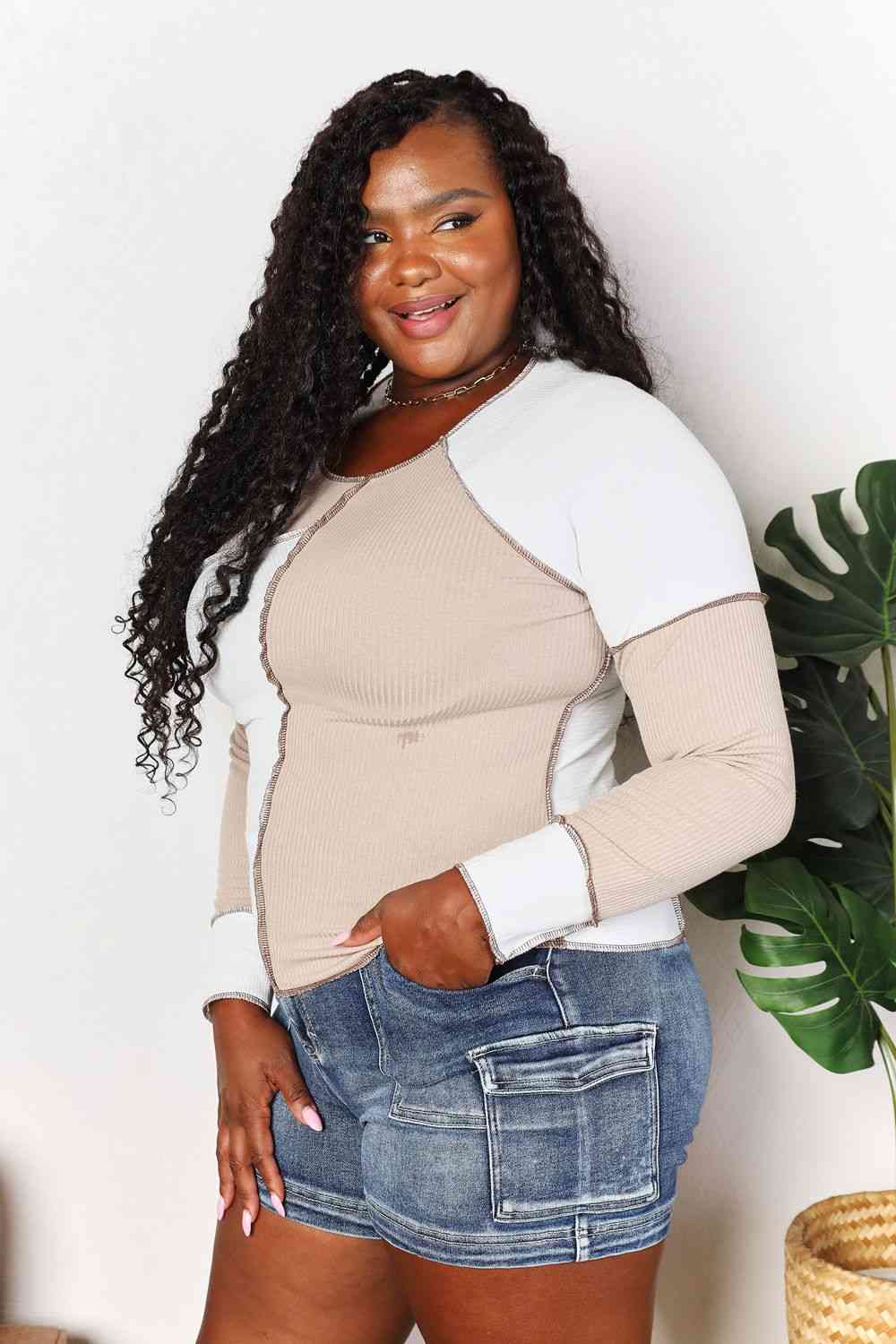 Double Take Color Block Exposed Seam Top - Blouse - Khaki - Bella Bourget