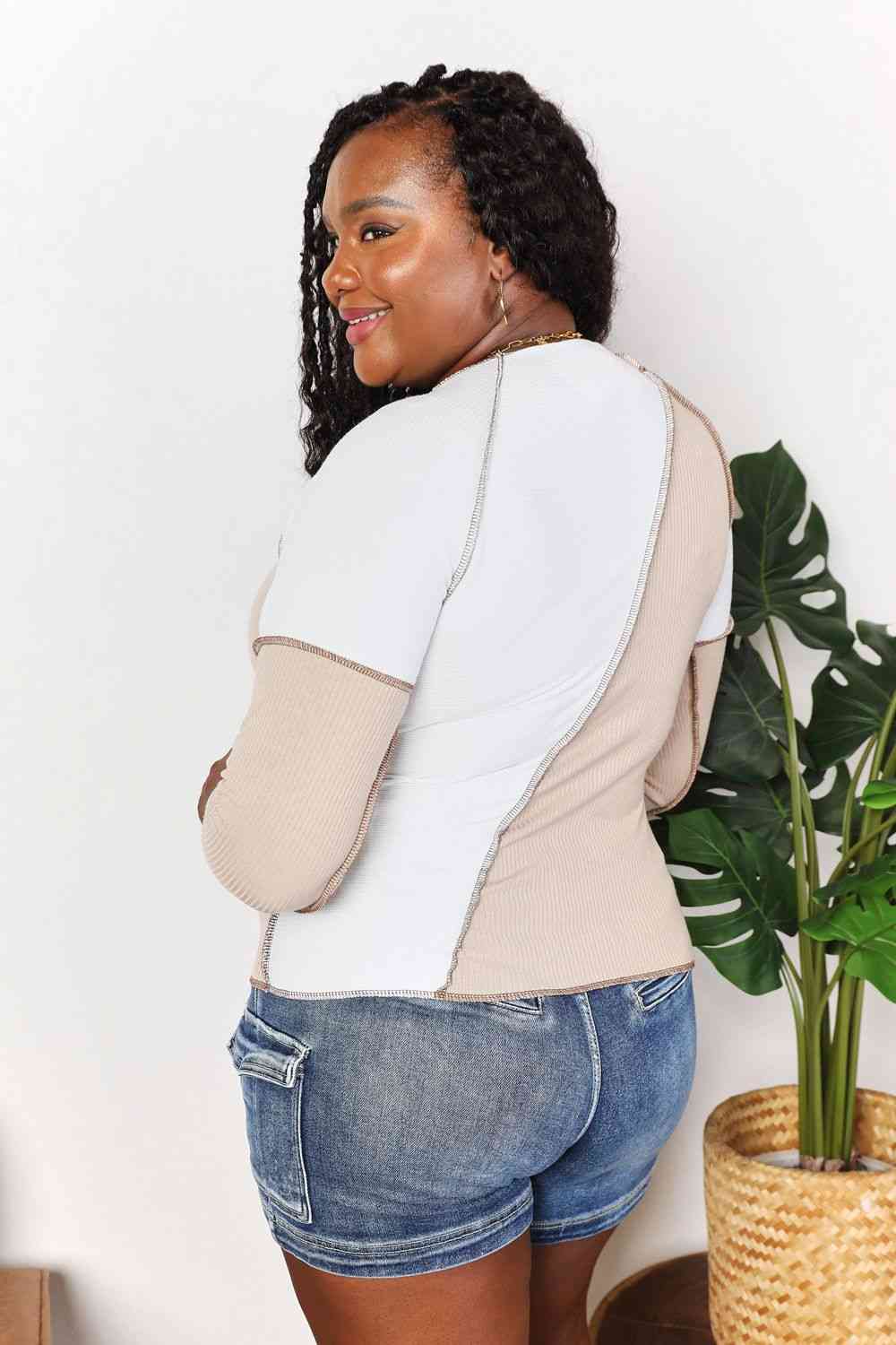 Double Take Color Block Exposed Seam Top - Blouse - Khaki - Bella Bourget