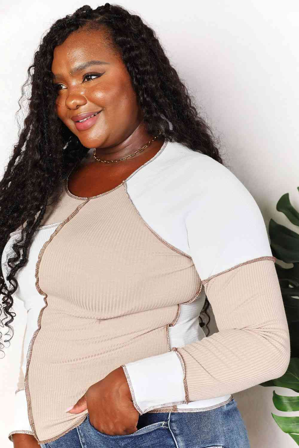Double Take Color Block Exposed Seam Top - Blouse - Khaki - Bella Bourget