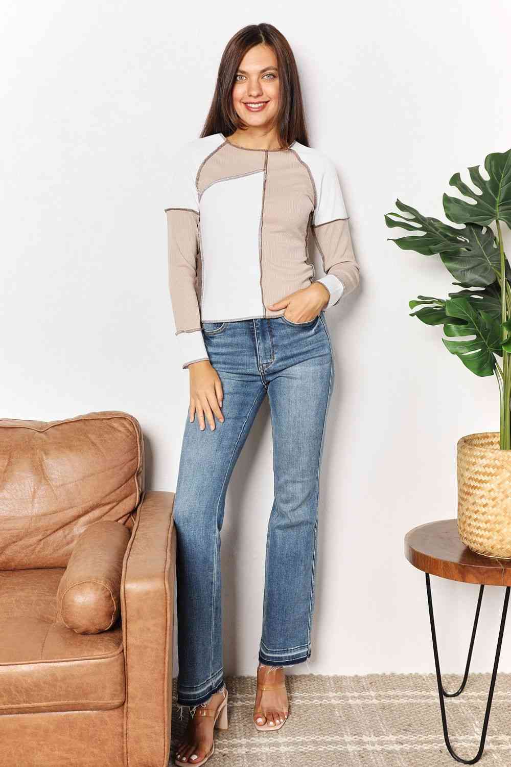 Double Take Color Block Exposed Seam Top - Blouse - Khaki - Bella Bourget