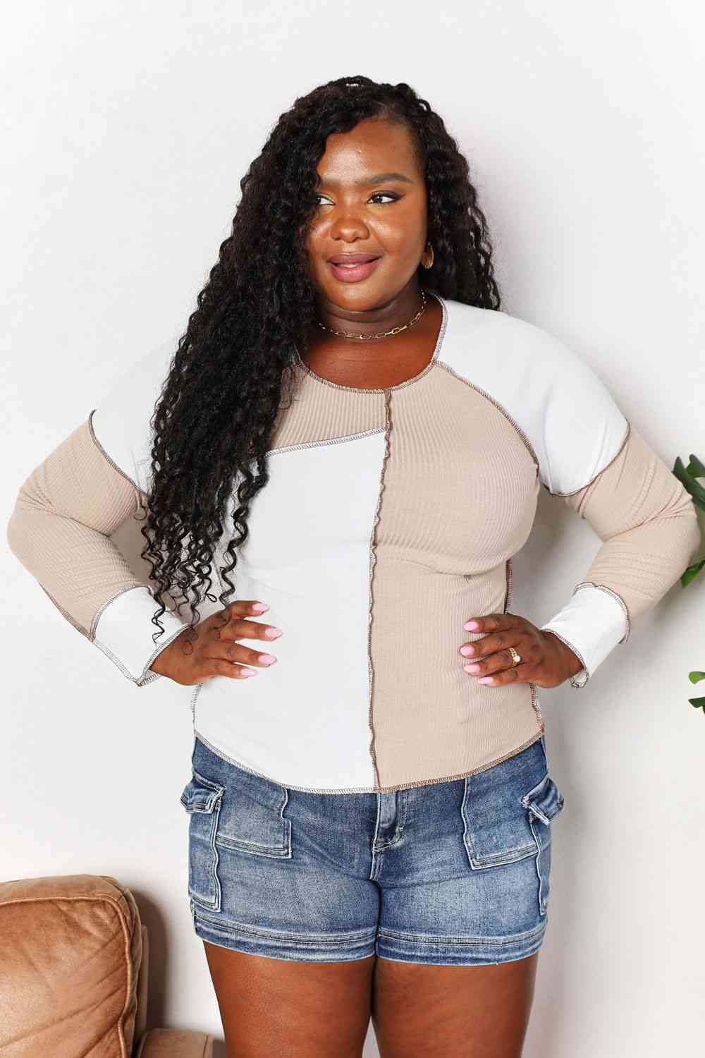 Double Take Color Block Exposed Seam Top - Blouse - Khaki - Bella Bourget