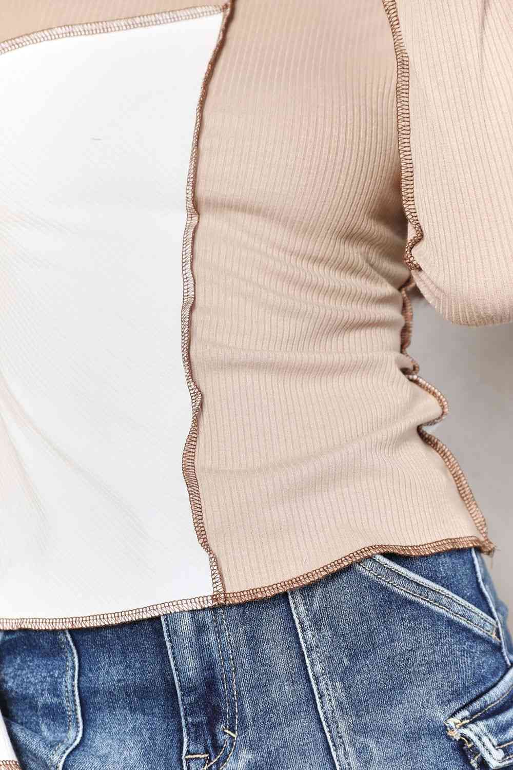 Double Take Color Block Exposed Seam Top - Blouse - Khaki - Bella Bourget