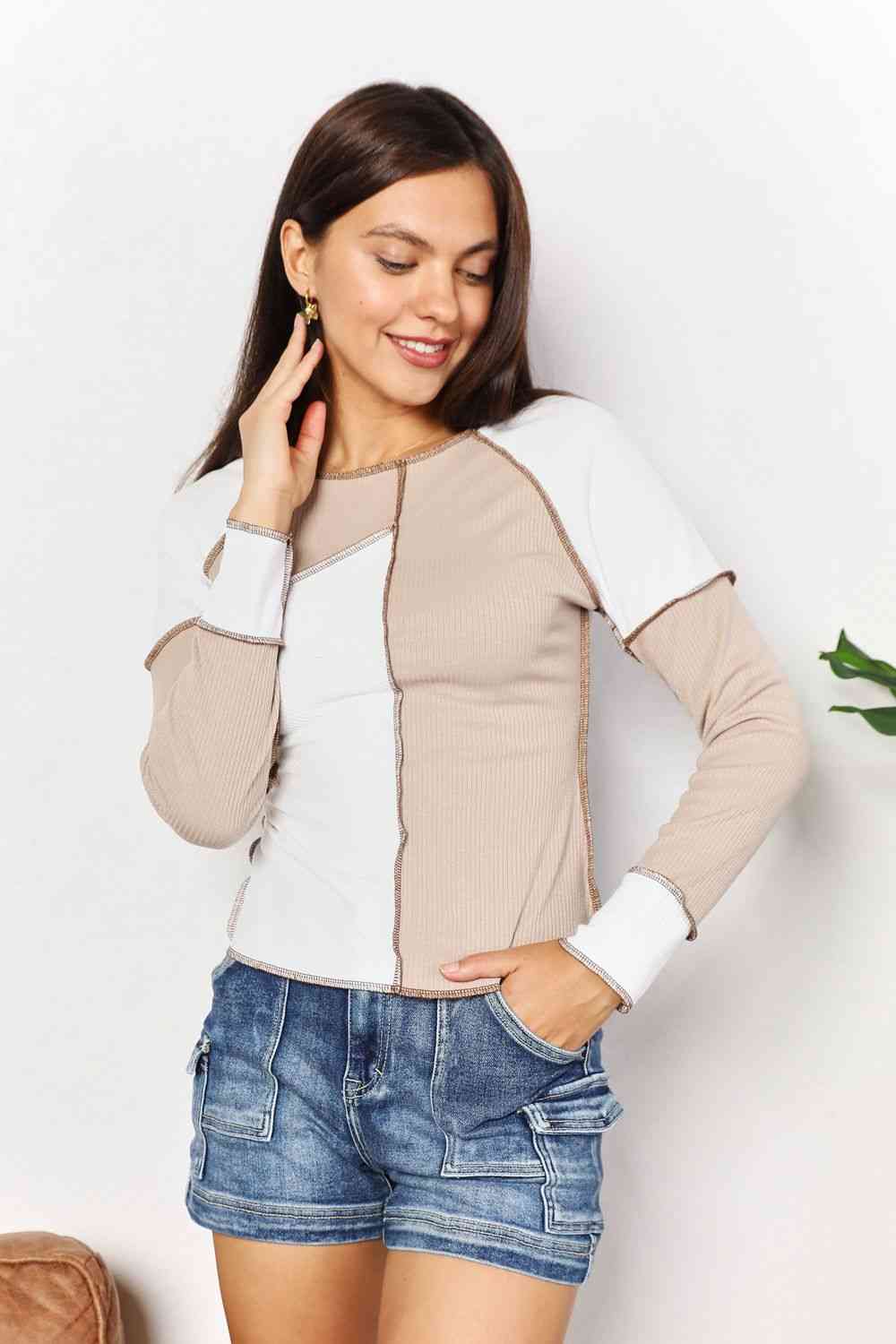 Double Take Color Block Exposed Seam Top - Blouse - Khaki - Bella Bourget