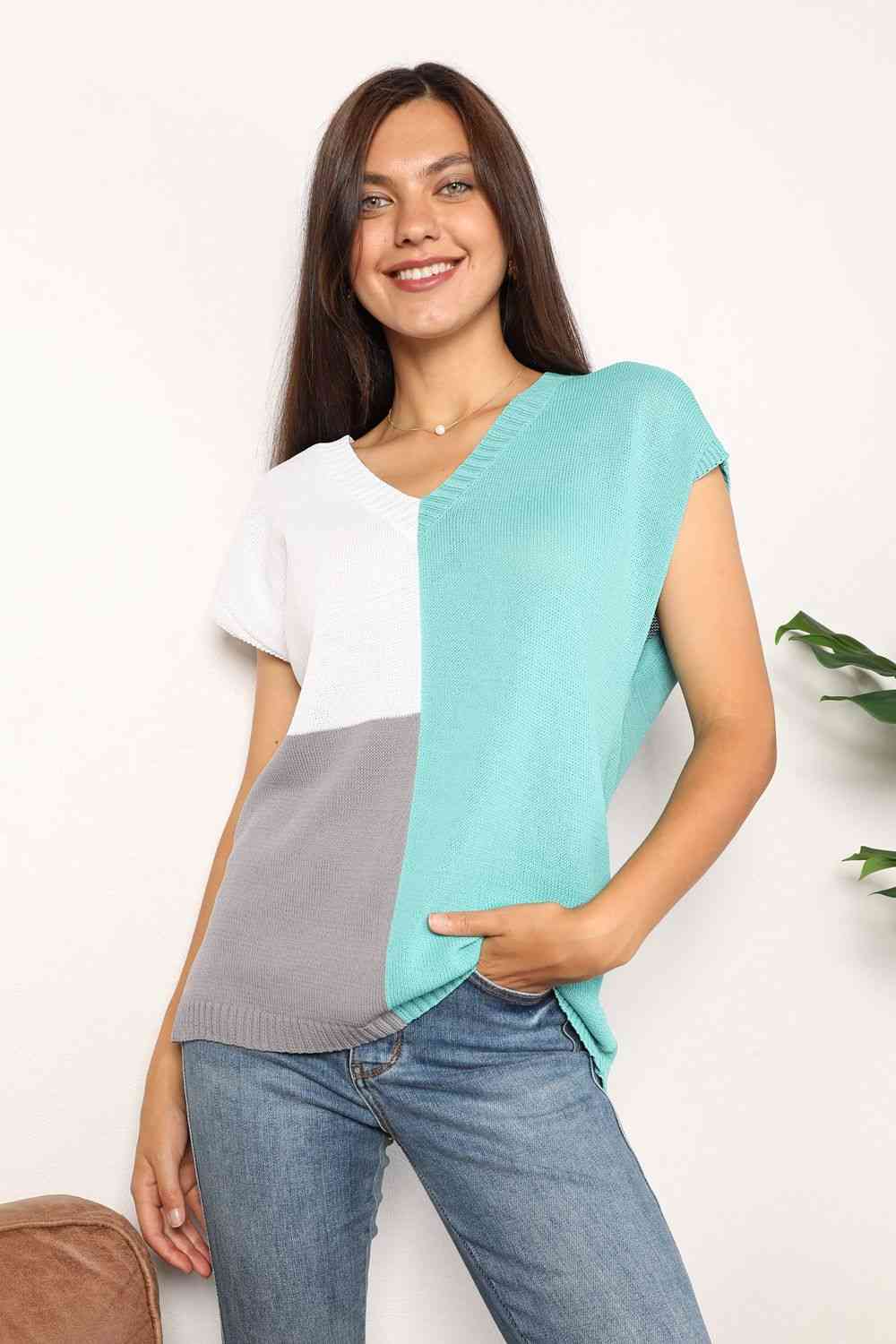 Double Take Color Block V - Neck Knit Top - Knit Top - Teal - Bella Bourget