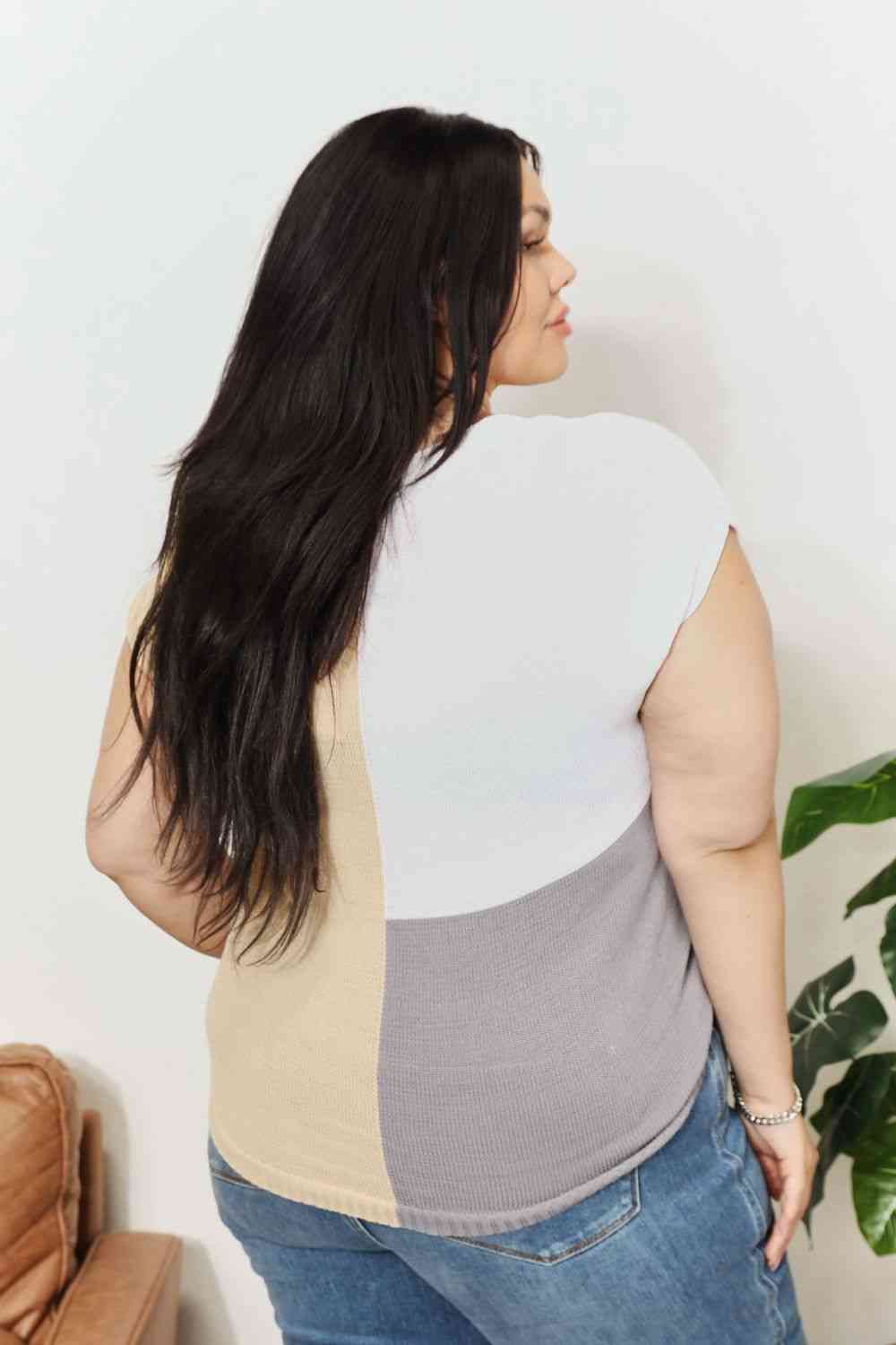 Double Take Color Block V - Neck Knit Top - Knit Top - Tan - Bella Bourget