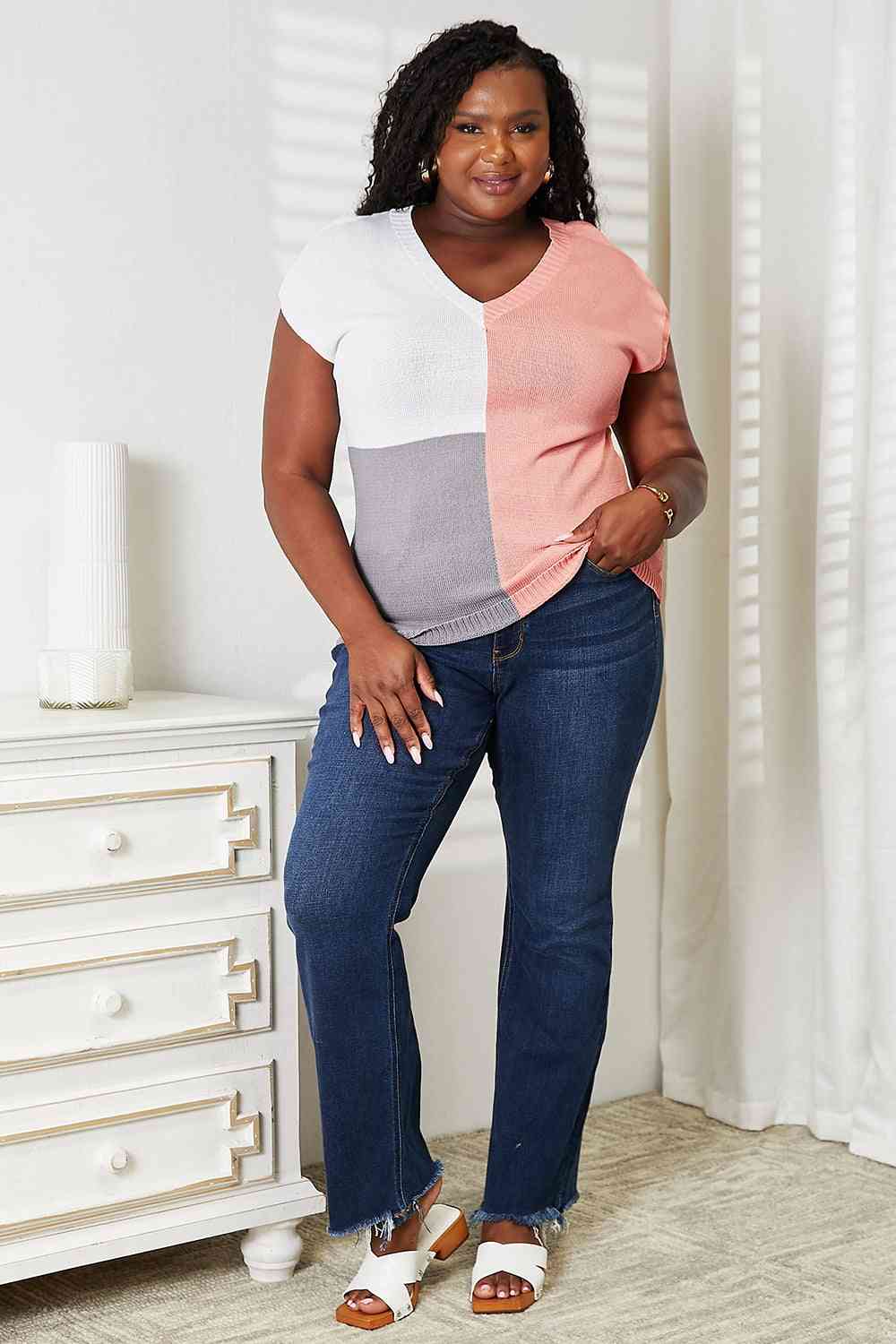 Double Take Color Block V - Neck Knit Top - Knit Top - Burnt Coral - Bella Bourget