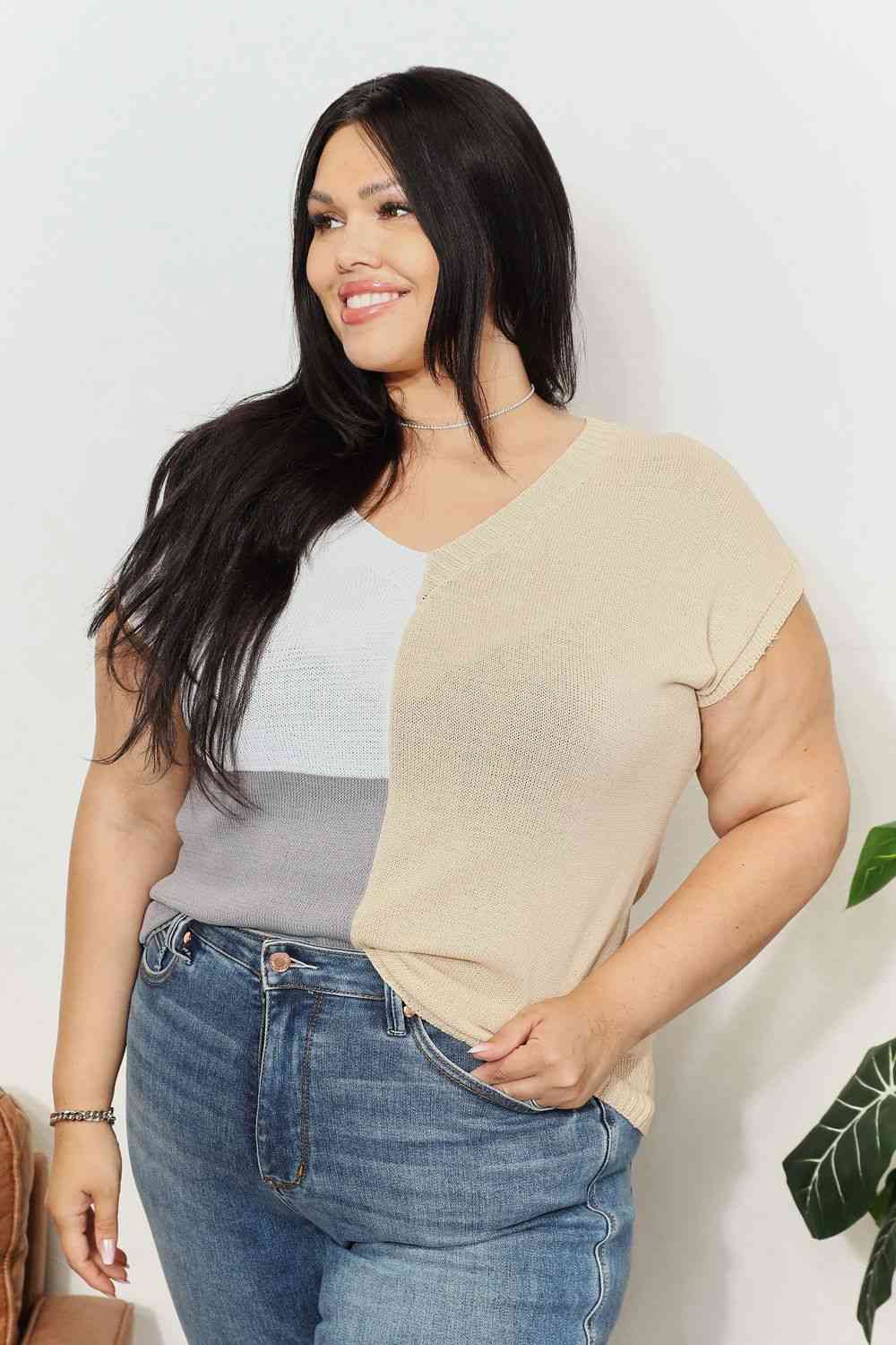Double Take Color Block V - Neck Knit Top - Knit Top - Tan - Bella Bourget