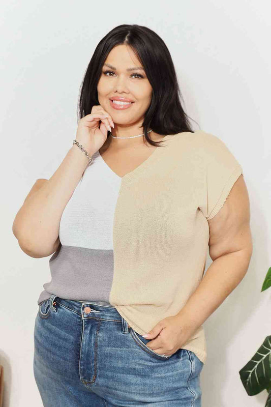 Double Take Color Block V - Neck Knit Top - Knit Top - Tan - Bella Bourget