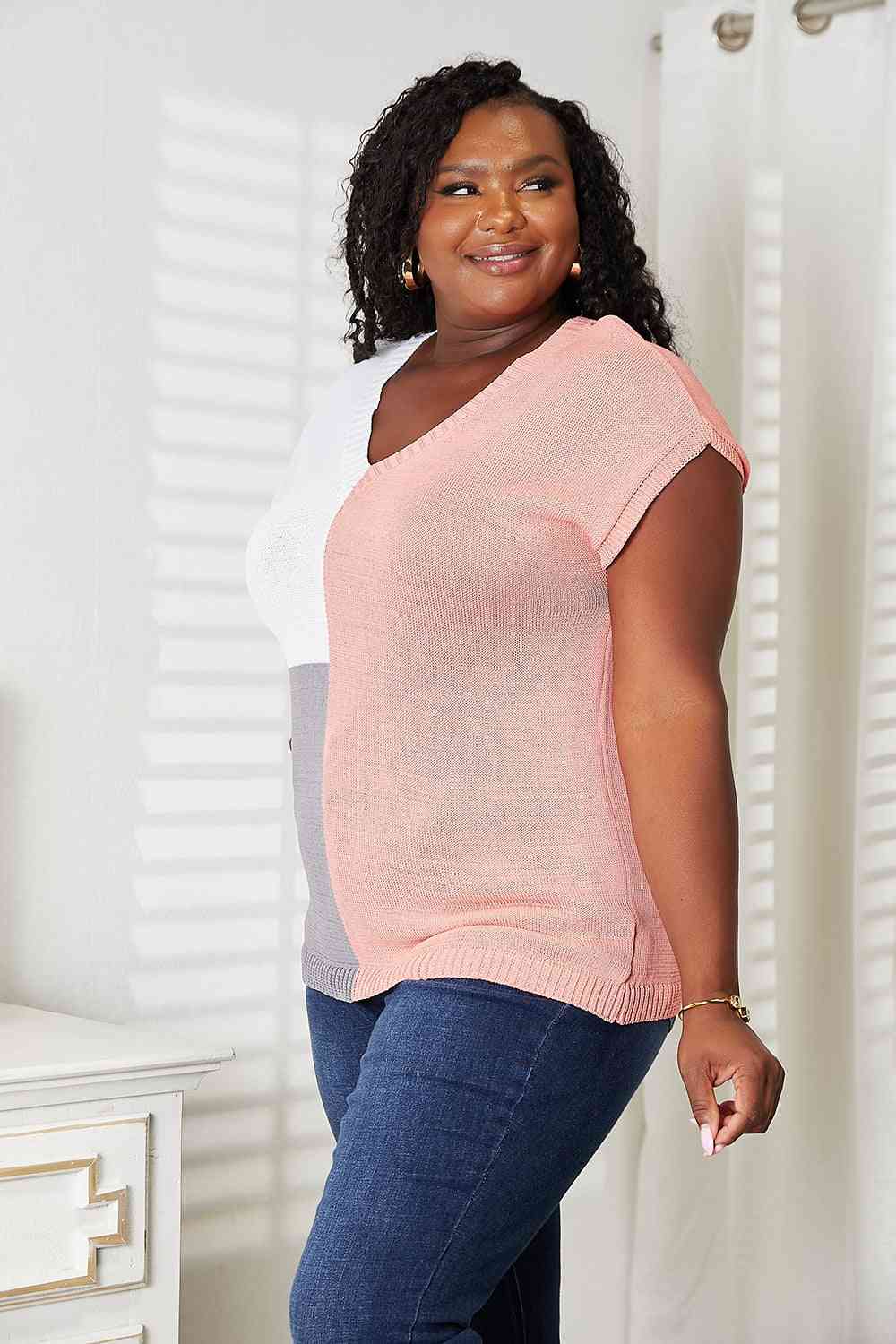 Double Take Color Block V - Neck Knit Top - Knit Top - Burnt Coral - Bella Bourget