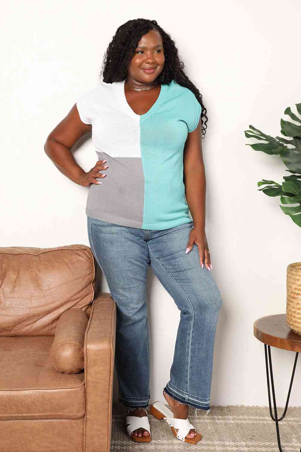 Double Take Color Block V - Neck Knit Top - Knit Top - Teal - Bella Bourget