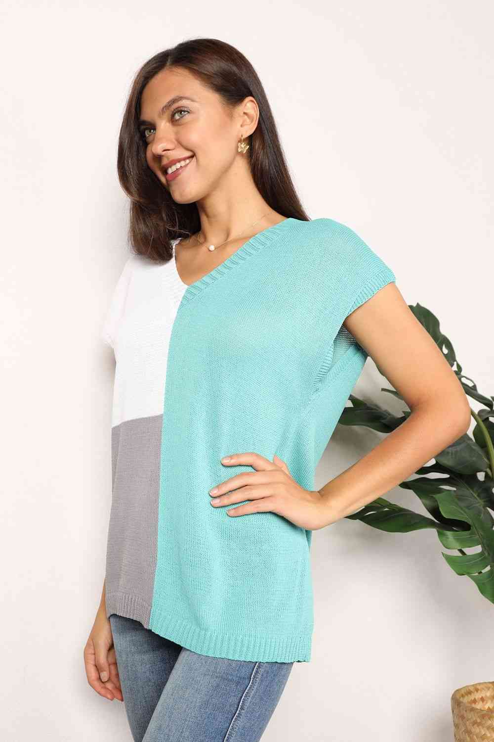 Double Take Color Block V - Neck Knit Top - Knit Top - Teal - Bella Bourget