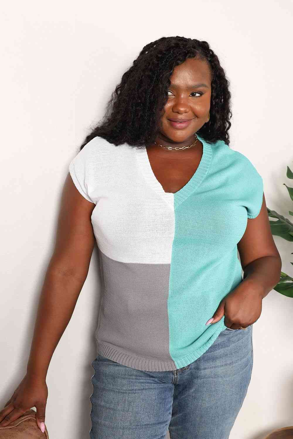 Double Take Color Block V - Neck Knit Top - Knit Top - Teal - Bella Bourget