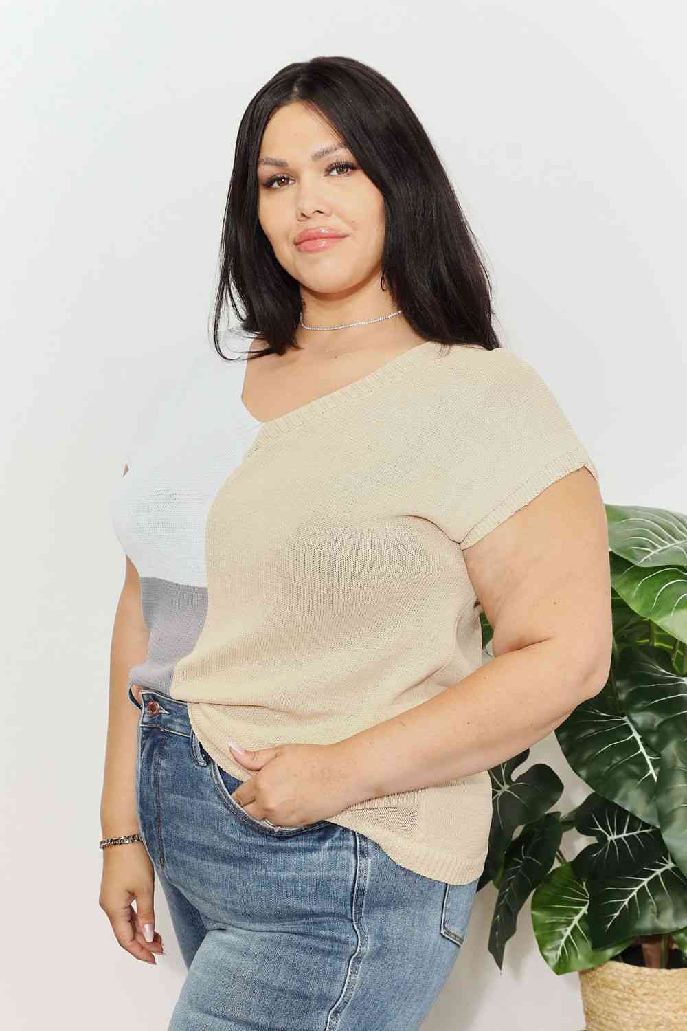 Double Take Color Block V - Neck Knit Top - Knit Top - Tan - Bella Bourget