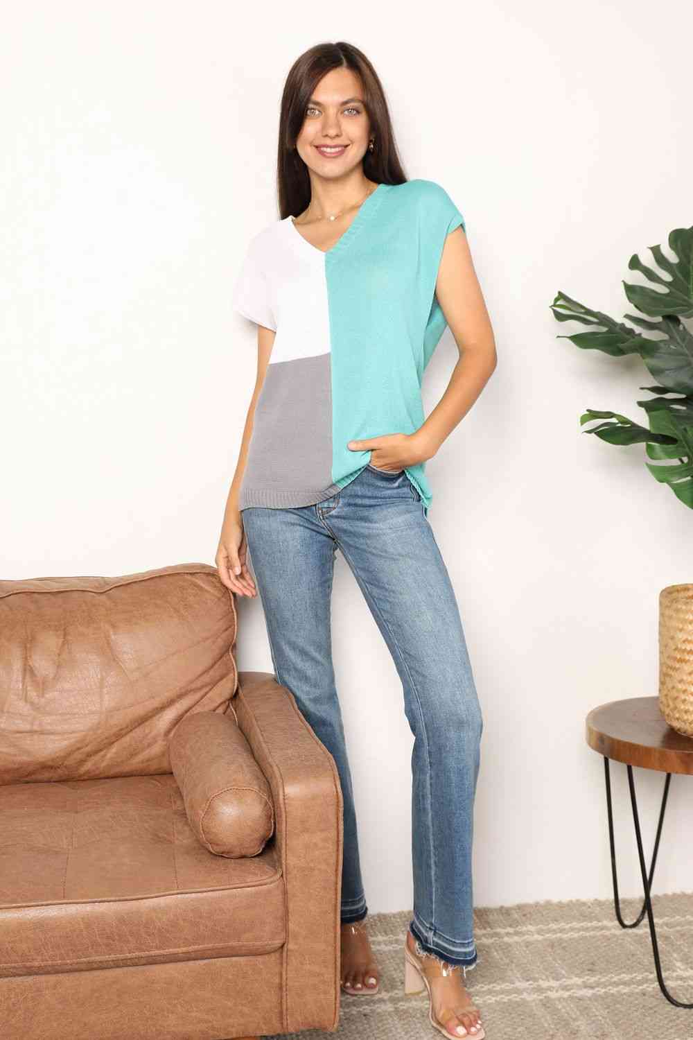 Double Take Color Block V - Neck Knit Top - Knit Top - Teal - Bella Bourget