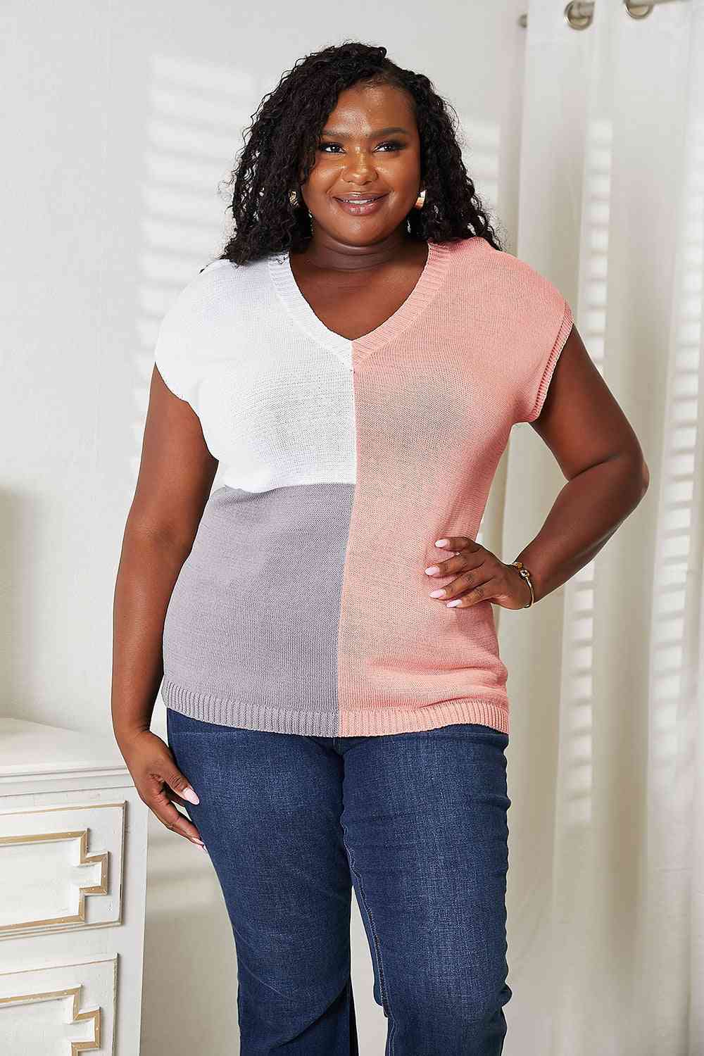 Double Take Color Block V - Neck Knit Top - Knit Top - Burnt Coral - Bella Bourget