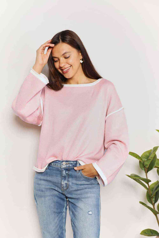 Double Take Contrast Detail Dropped Shoulder Knit Top - Knit Top - Blush Pink - Bella Bourget