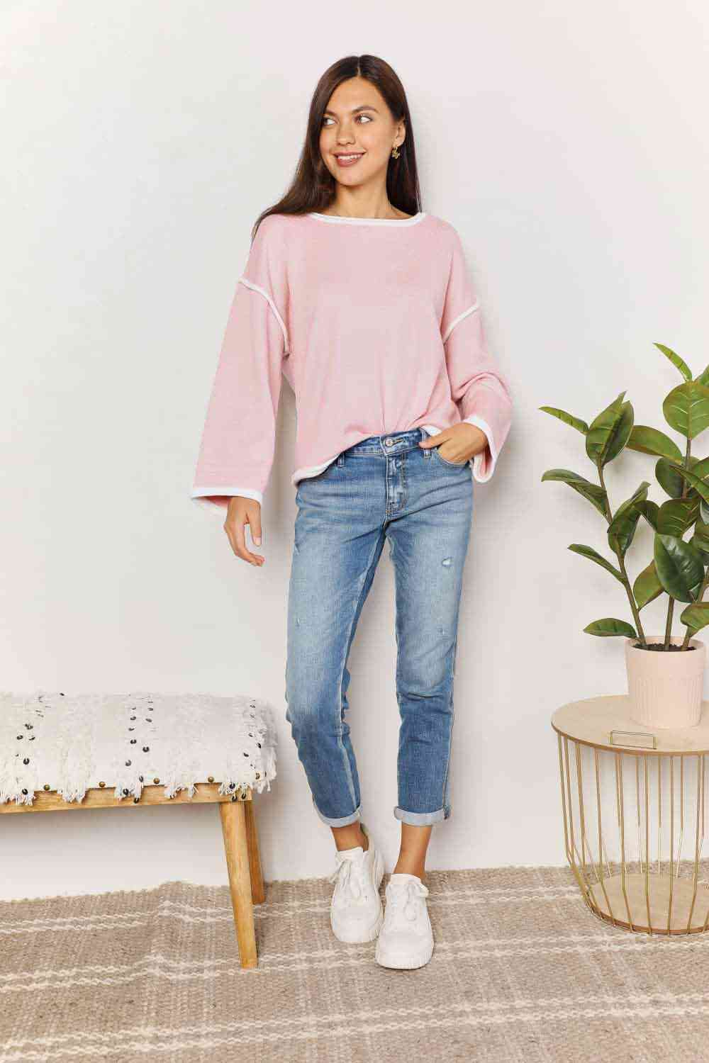 Double Take Contrast Detail Dropped Shoulder Knit Top - Knit Top - Blush Pink - Bella Bourget