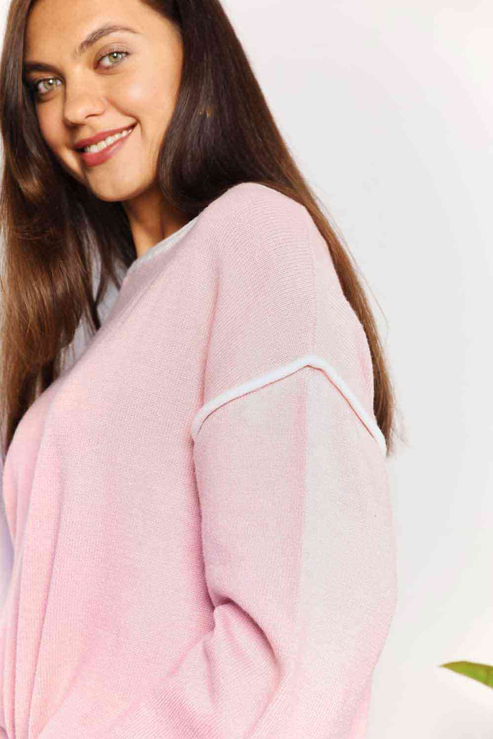 Double Take Contrast Detail Dropped Shoulder Knit Top - Knit Top - Blush Pink - Bella Bourget