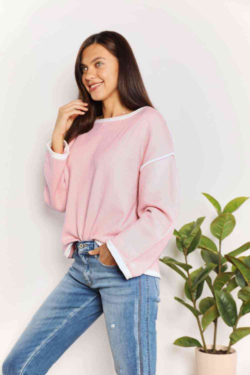 Double Take Contrast Detail Dropped Shoulder Knit Top - Knit Top - Blush Pink - Bella Bourget