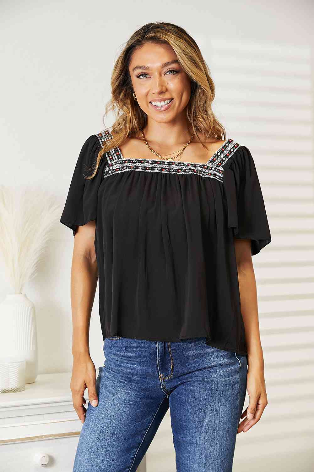 Double Take Contrast Square Neck Puff Sleeve Blouse - Blouse - Black - Bella Bourget