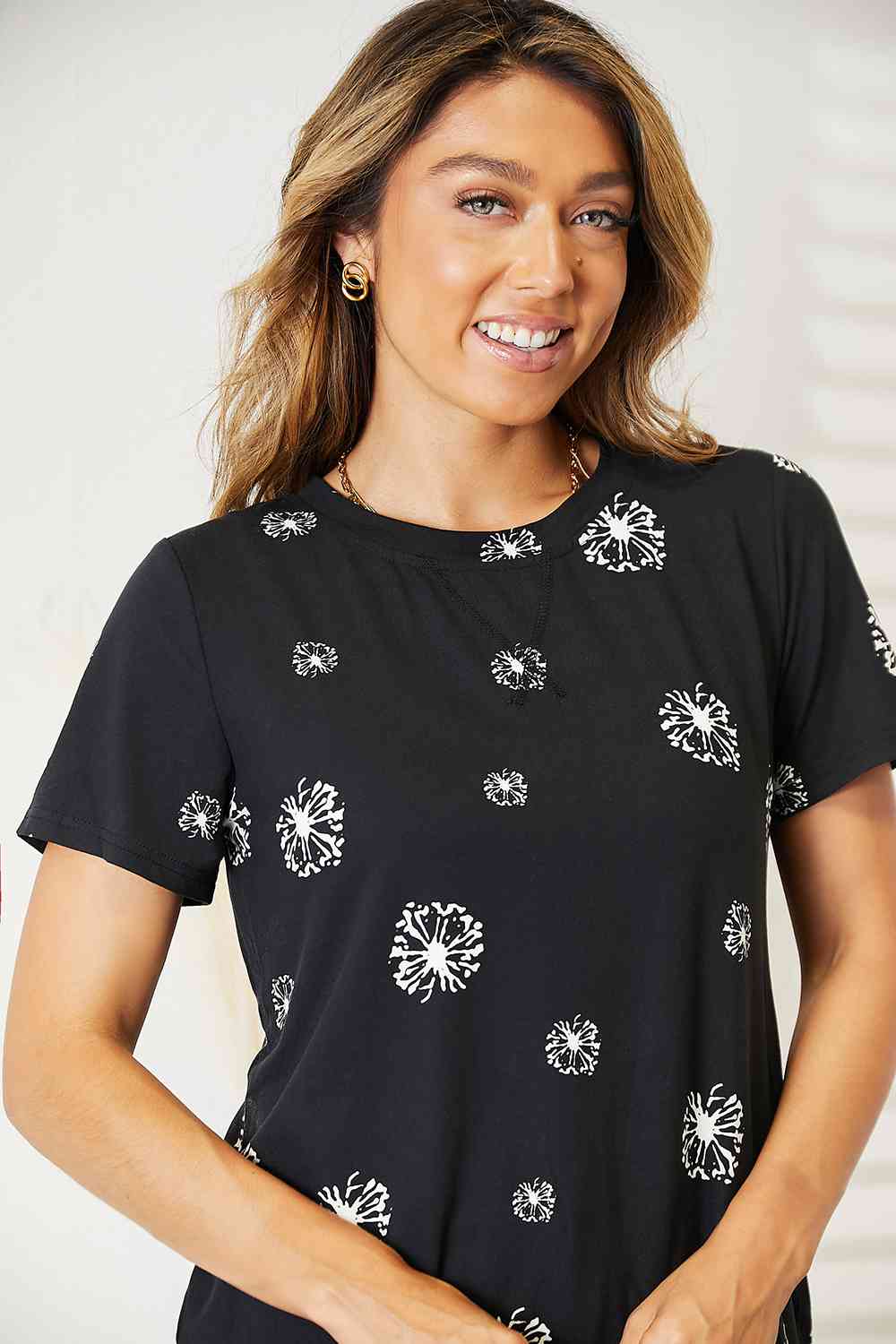 Double Take Dandelion Print Round Neck T - Shirt - T - Shirt - Black - Bella Bourget