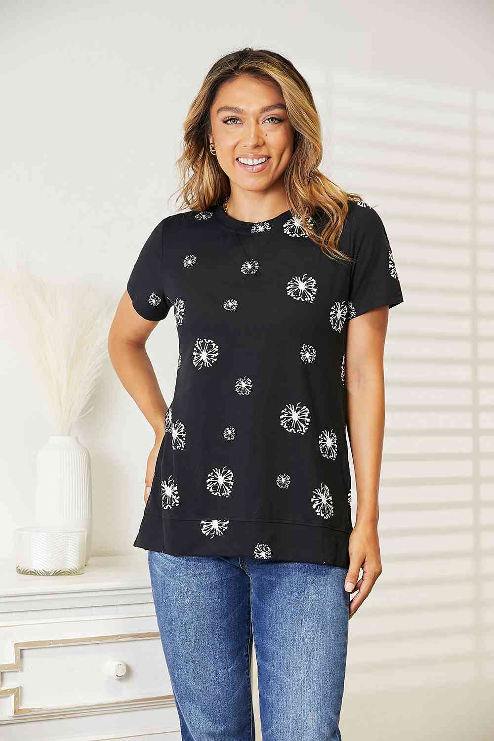 Double Take Dandelion Print Round Neck T - Shirt - T - Shirt - Black - Bella Bourget