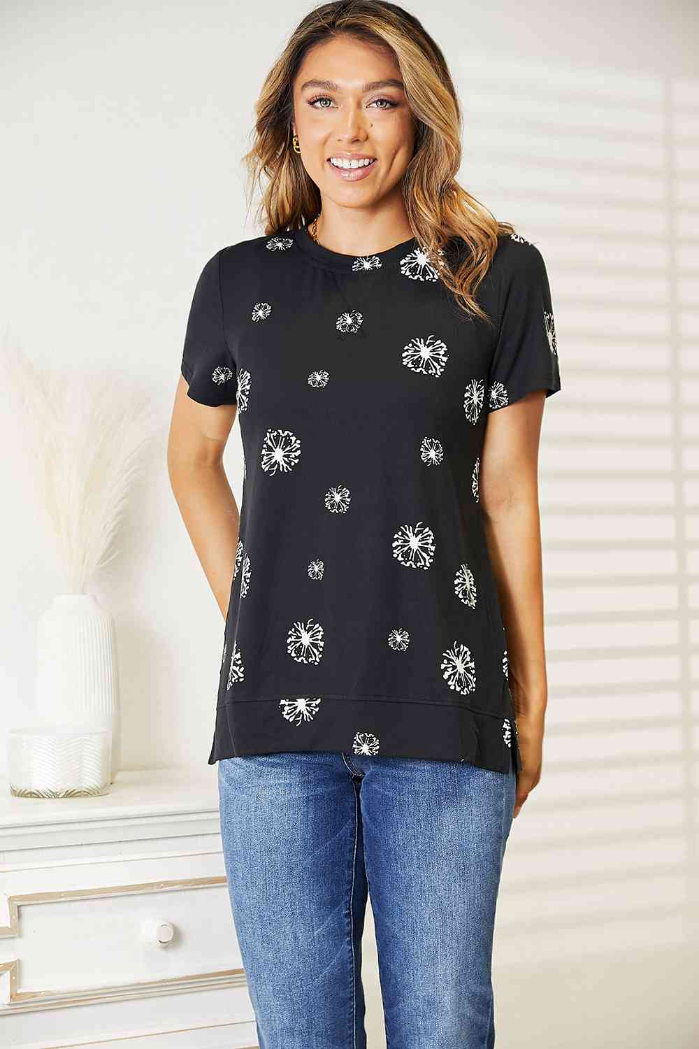 Double Take Dandelion Print Round Neck T - Shirt - T - Shirt - Black - Bella Bourget