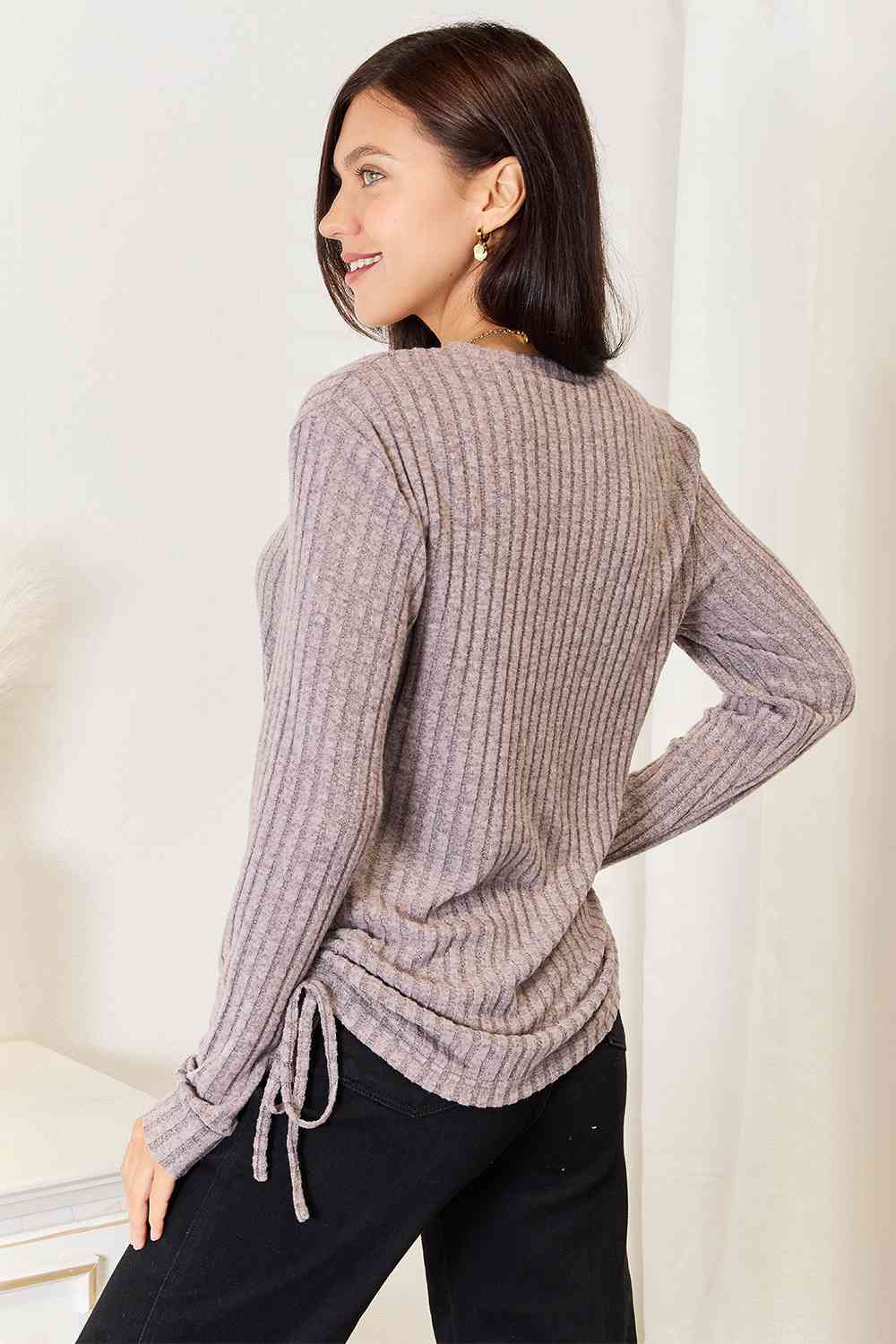 Double Take Drawstring Ribbed Long Sleeve T - Shirt - T - Shirt - Charcoal - Bella Bourget