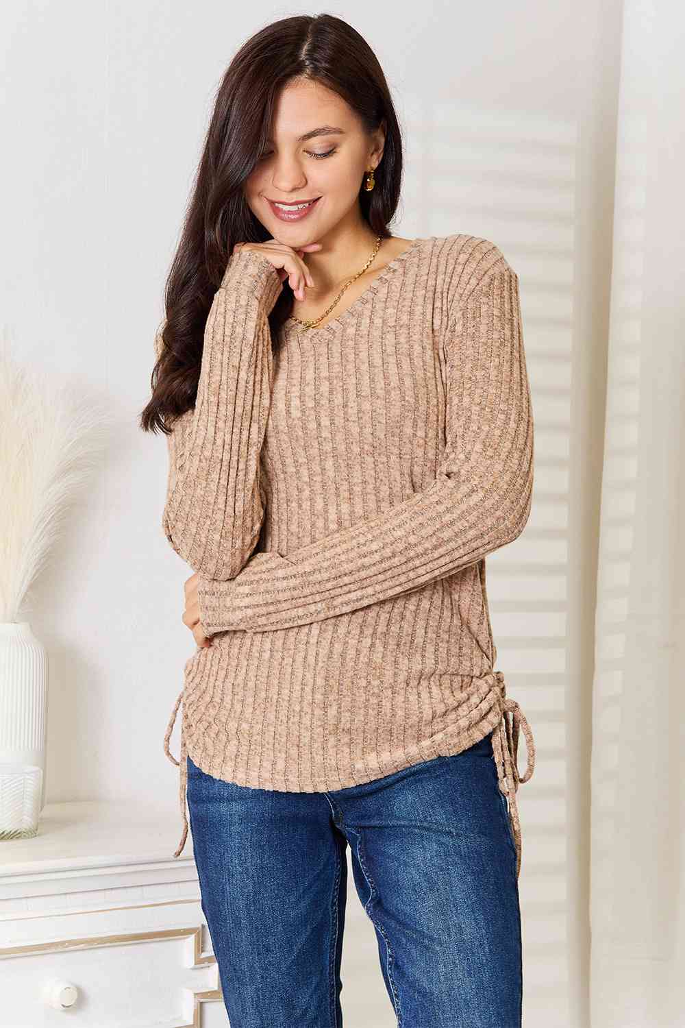 Double Take Drawstring Ribbed Long Sleeve T - Shirt - T - Shirt - Tan - Bella Bourget