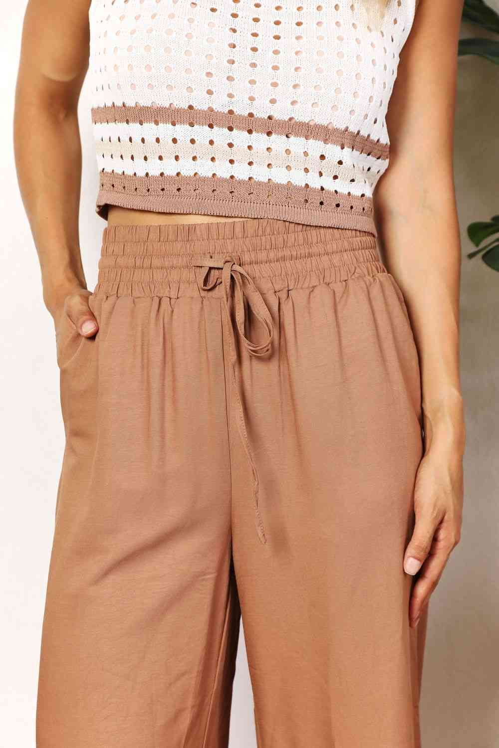 Double Take Drawstring Smocked Waist Wide Leg Pants - Pants - Camel - Bella Bourget