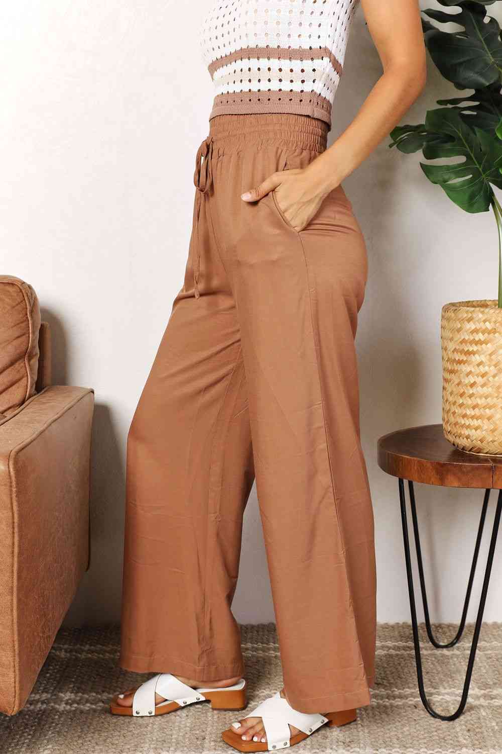 Double Take Drawstring Smocked Waist Wide Leg Pants - Pants - Camel - Bella Bourget