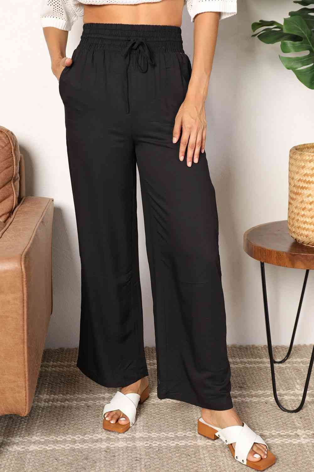 Double Take Drawstring Smocked Waist Wide Leg Pants - Pants - Black - Bella Bourget