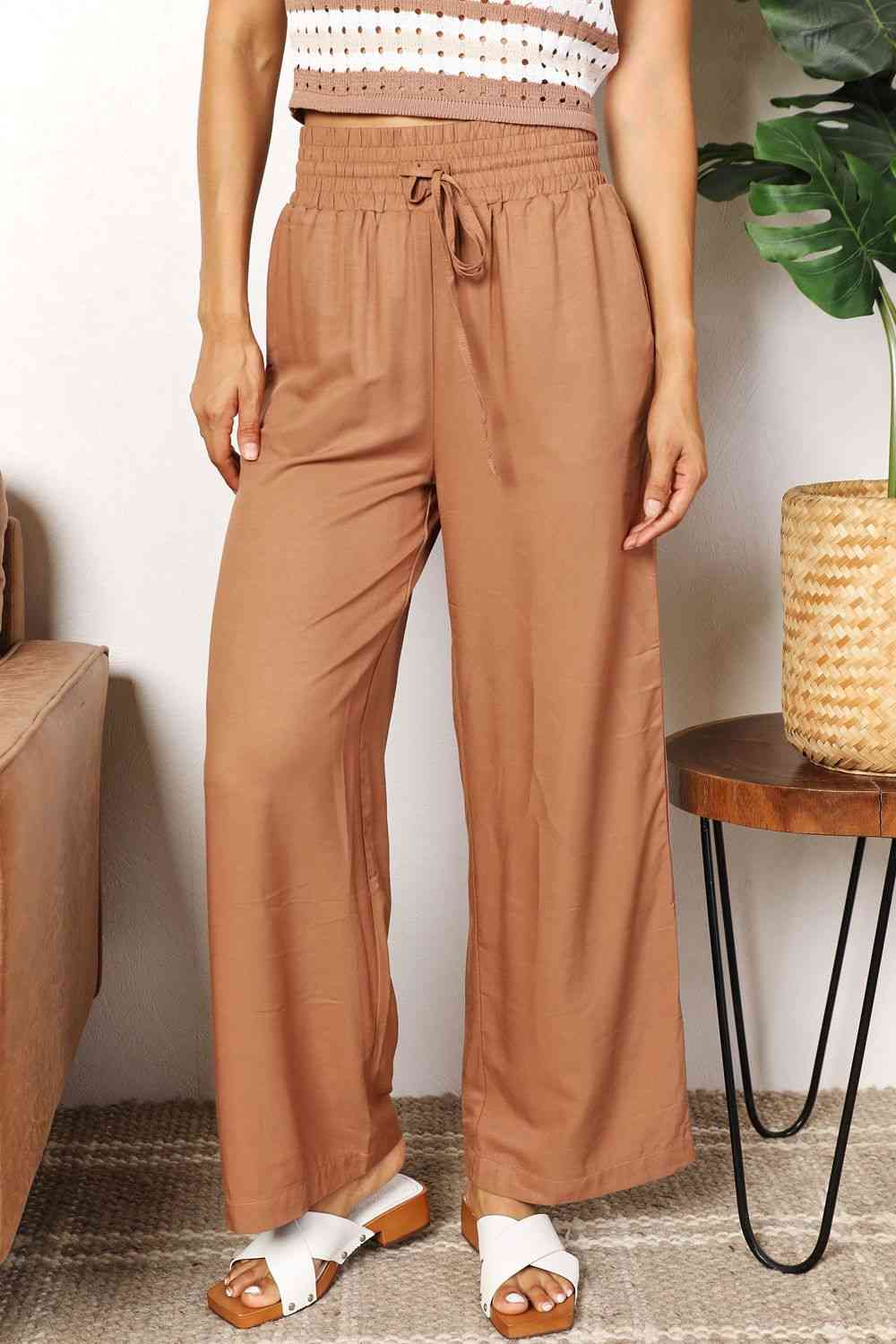 Double Take Drawstring Smocked Waist Wide Leg Pants - Pants - Camel - Bella Bourget